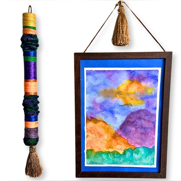 Colorful Watercolor Abstract Art with Matching Cylindrical Fiber Art 2 Pc. Set - Picture 2 of 7